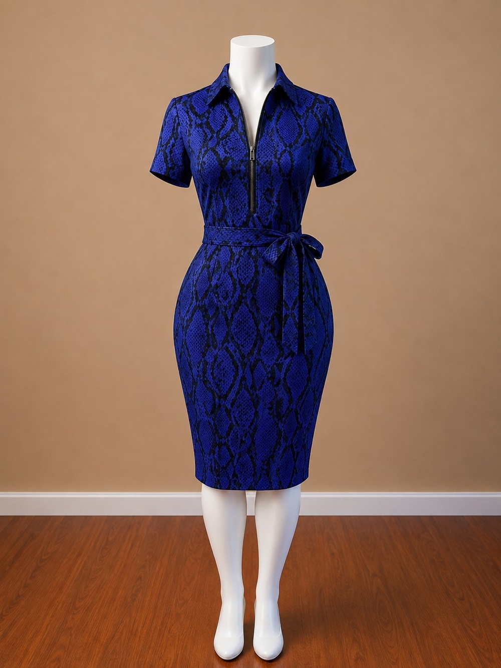 Royal Blue Snake-Print Polo Midi Dress with Waist Tie